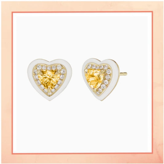 White Enamel Hear Earrings with Yellow Stone